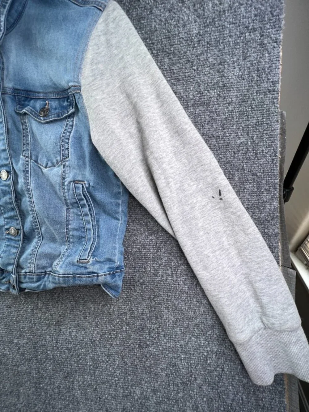 Wax Jean Denim Jacket Blue Gray Girls Large Stretch Buttons Long Sleeve Hooded